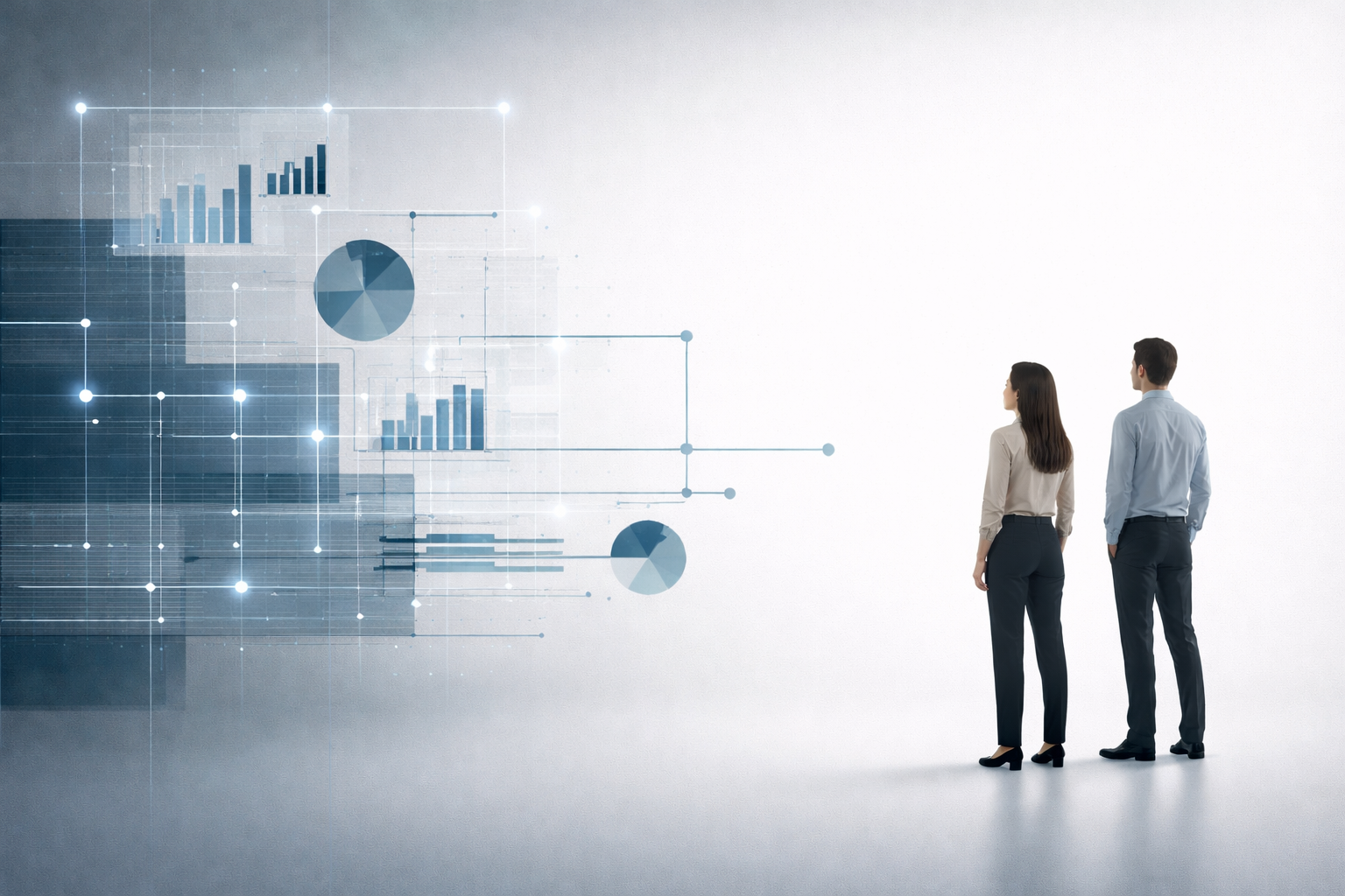 Twee mensen staan naast een geordend systeem van data en structuren, wat de spanning toont tussen menselijke verantwoordelijkheid en institutionele systemen.