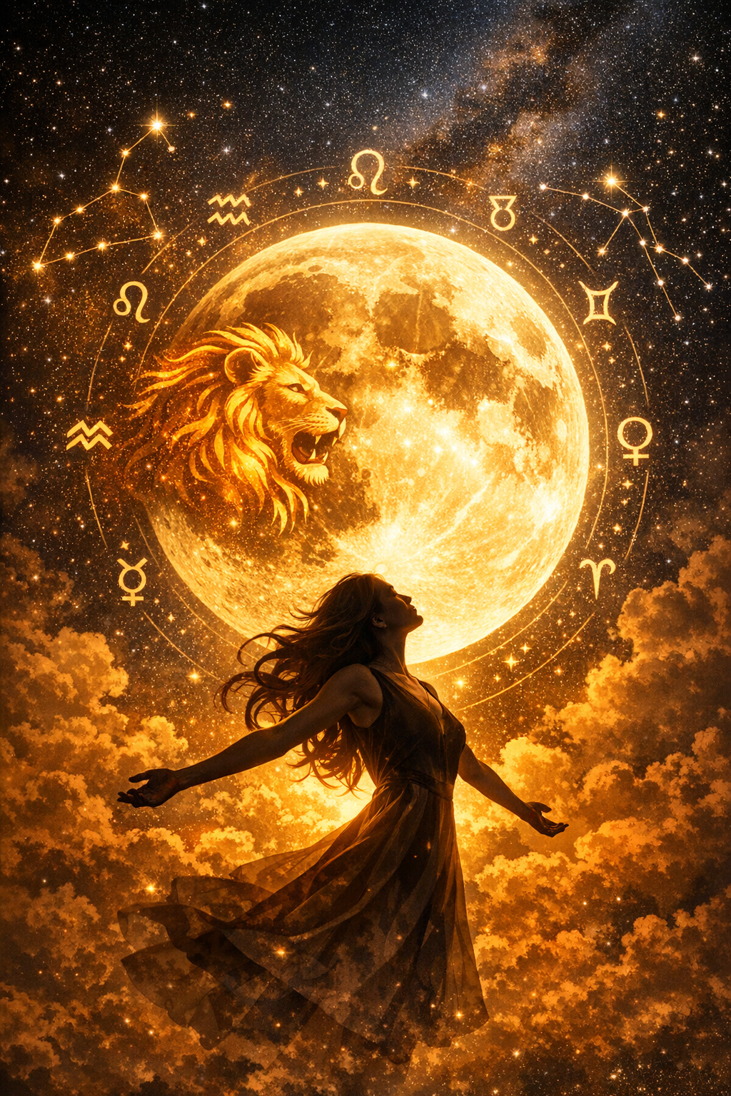 Volle maan in Leeuw februari 2026 met vrouw die zich opent naar het maanlicht, symbool voor zelfexpressie en emotionele waarheid