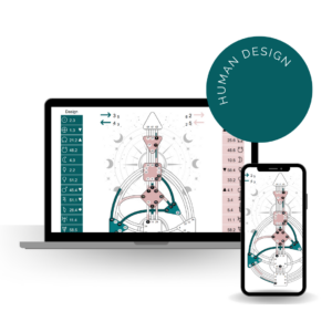 Mockup van laptop, iPhone en tablet met Human Design content en persoonlijke berekening