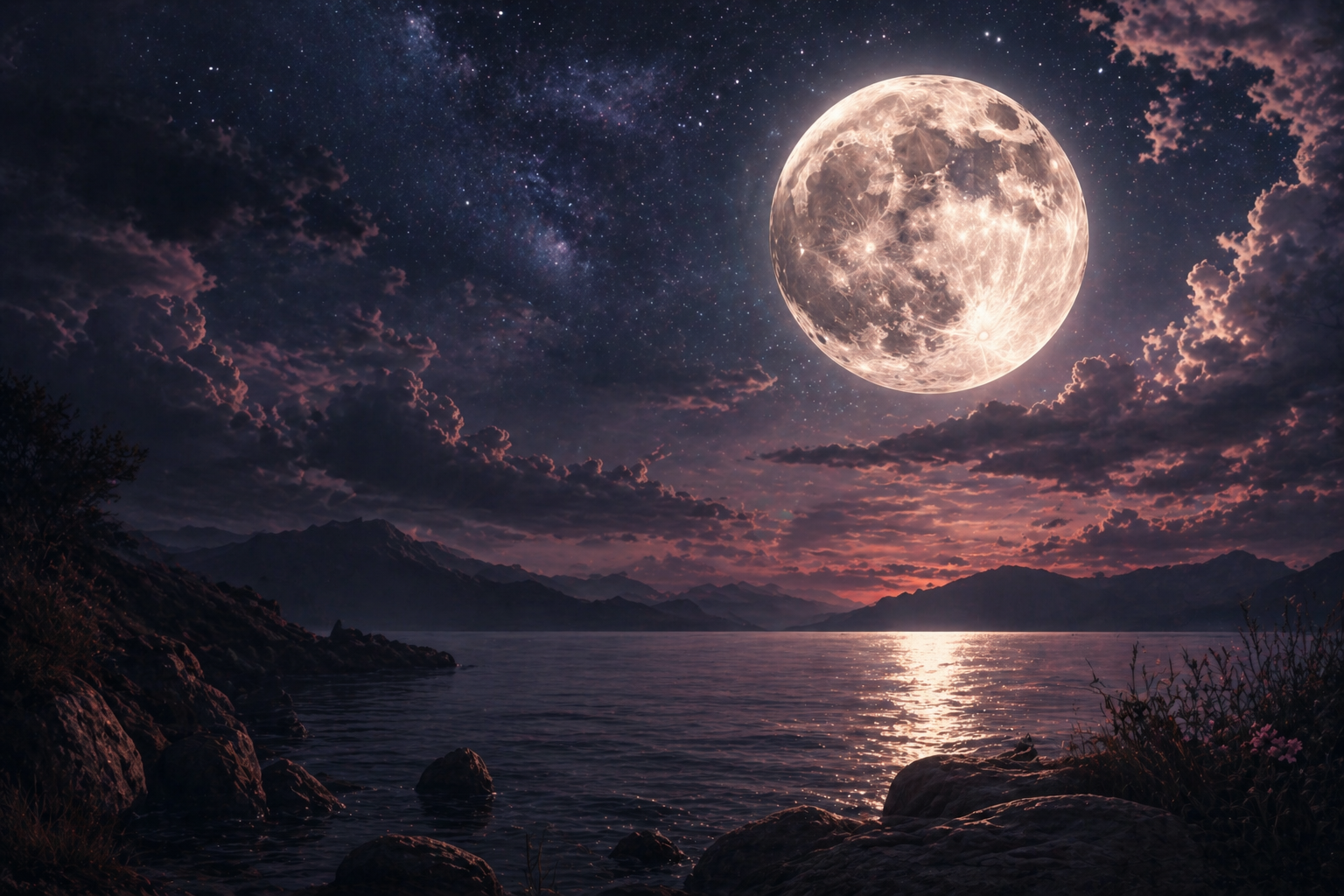 volle maan in Schorpioen mei 2026 boven water en bergen bij nacht