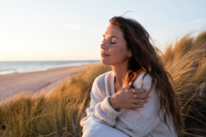 Vrouw op het strand tijdens zonsondergang met gesloten ogen, verbonden met haar lichaam en gevoel