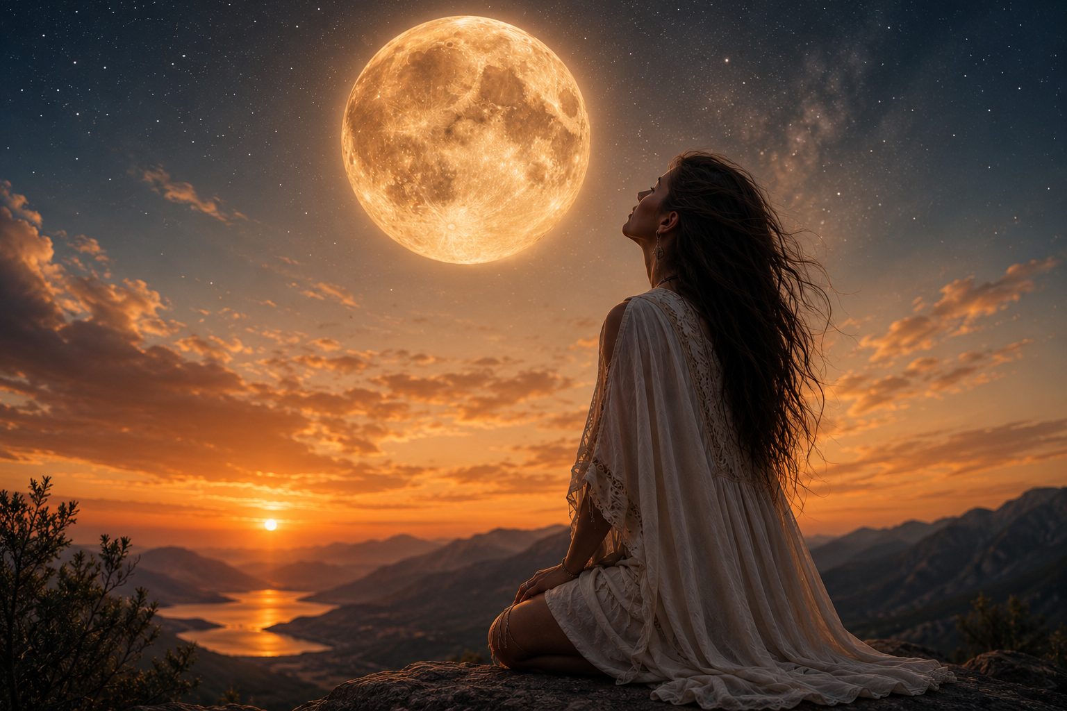 Volle maan in Boogschutter op 31 mei 2026 met vrouw in berglandschap onder grote gouden maan passend bij Human Design Poort 16 en bewustzijn