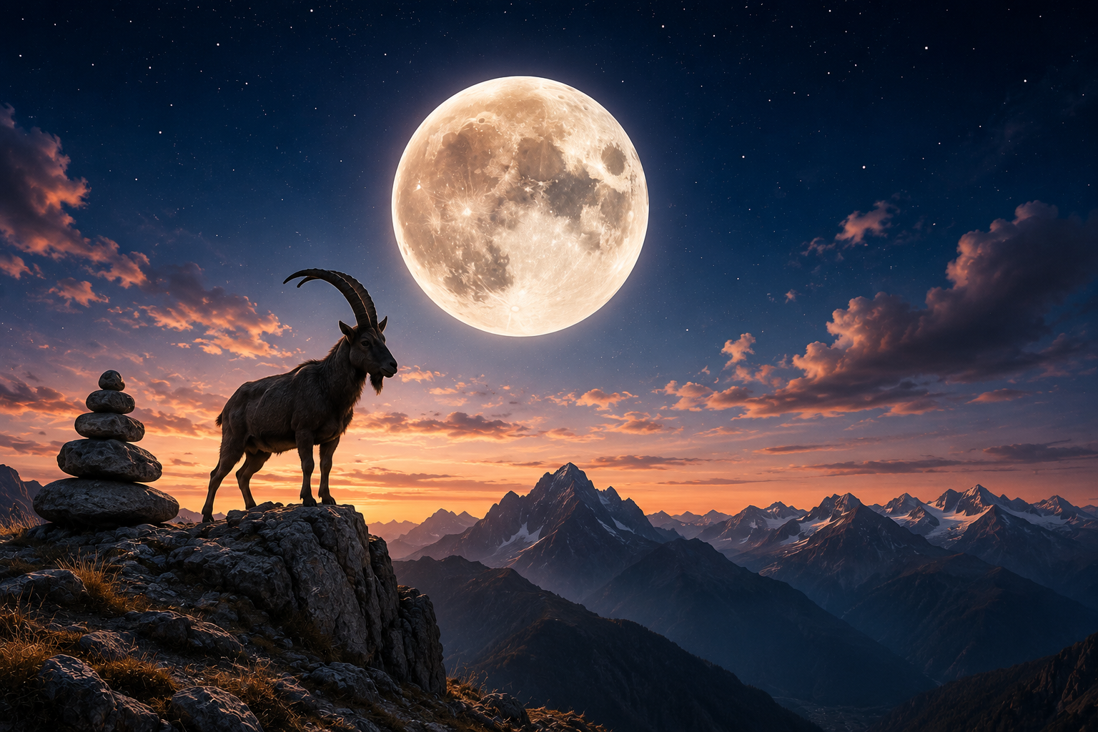 Volle maan in Steenbok boven een berglandschap als symbool voor stabiliteit, groei en de energie van 30 juni 2026.