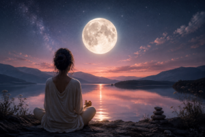 Volle maan in Waterman boven een rustig meer als symbool voor reflectie, bewustwording en innerlijke groei tijdens de volle maan van 29 juli 2026.