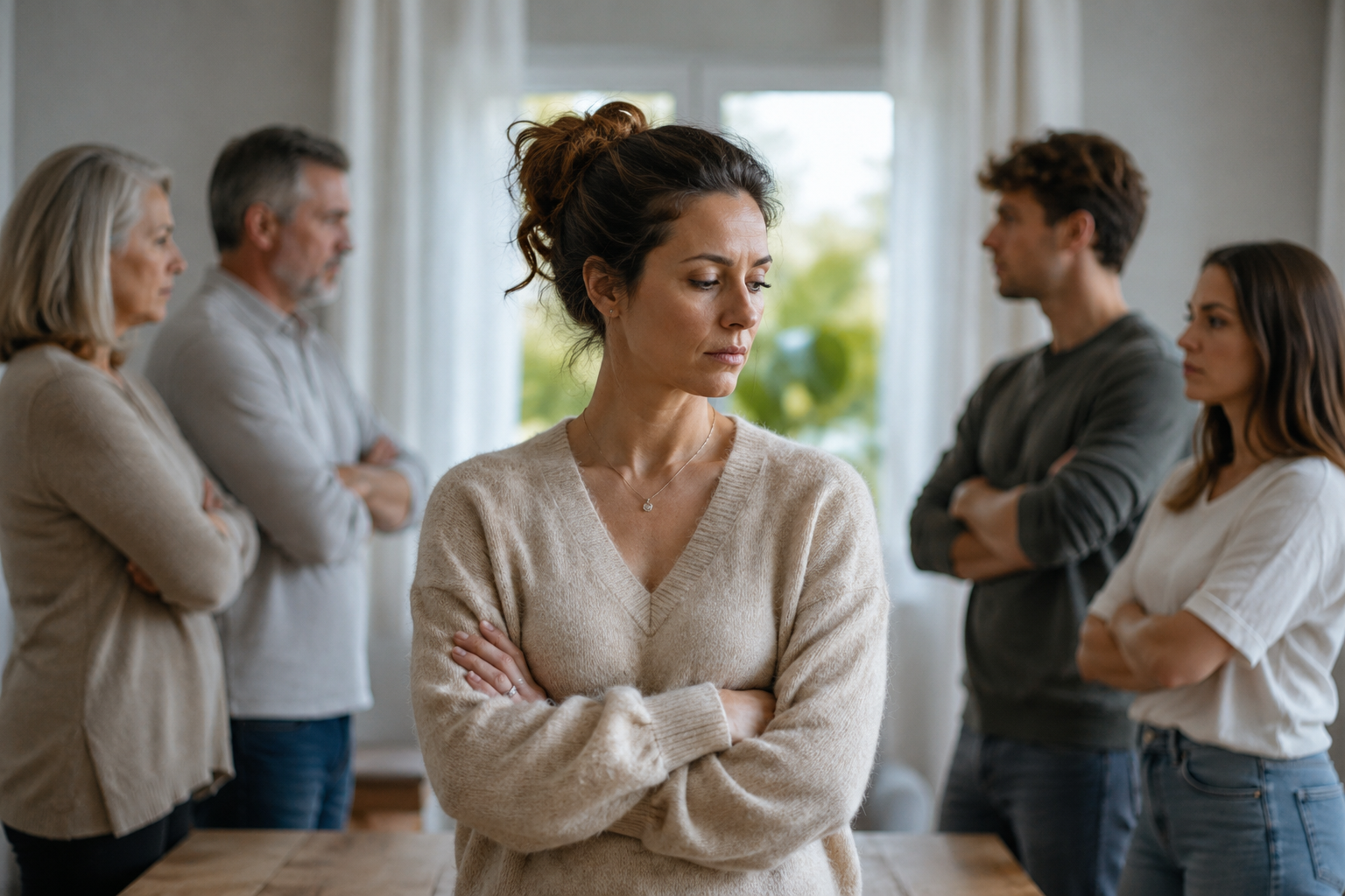 Loyaliteitsconflicten binnen een familie waarbij iemand zich tussen verschillende familieleden en verwachtingen bevindt.