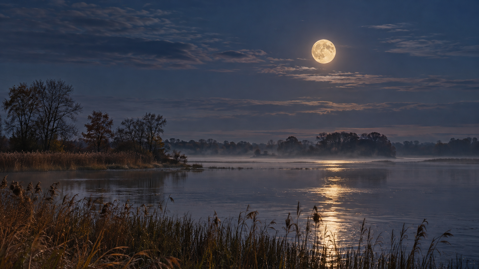 Volle maan boven een stil herfstmeer met nevel en maanlicht op het water.