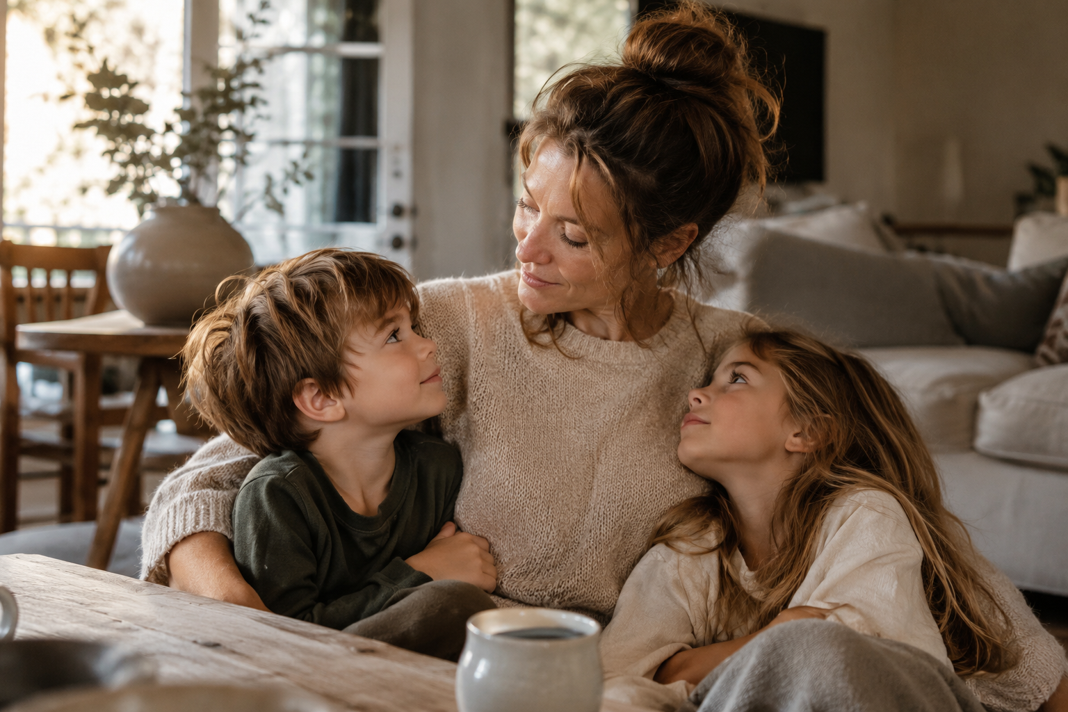 Moeder zit samen met haar twee kinderen op de bank in een warme, huiselijke omgeving.